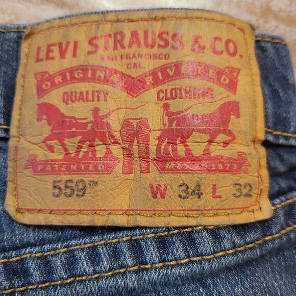 Levi 559 Mens 35x31 Blue Relaxed Straight Leg Jeans Distressed - Picture 3 of 12